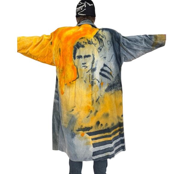 1990's I’m no walking canvas by Carole Waller painted long Vintage velvet coat L - Picture 1 of 17